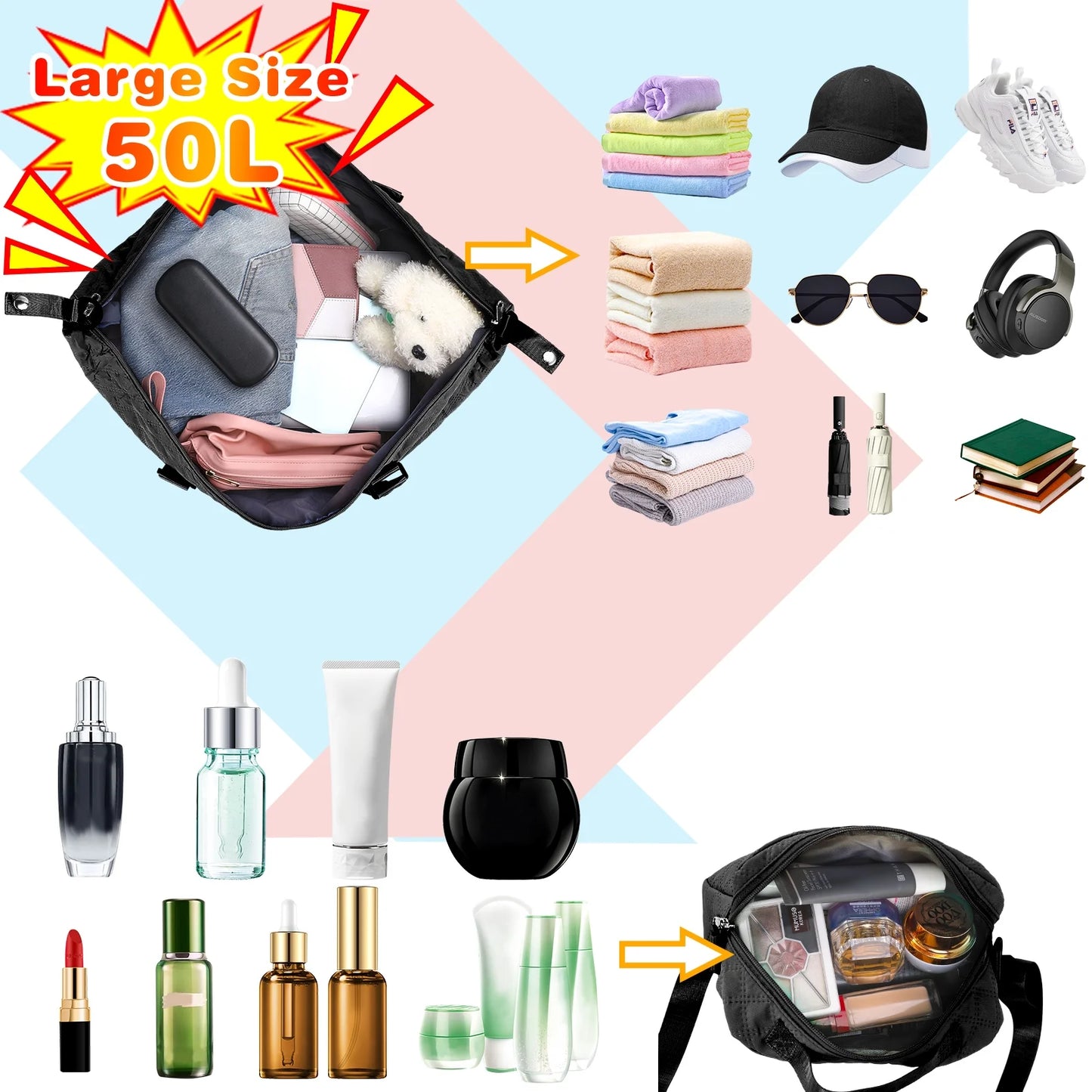 3Pcs Travel Duffle Bag,Weekender Bags for Women Men,Carry on Duffel Bags for Airplanes,Overnight Bag with Toiletry Bag,Hospital Bag for Labor and Delivery,Yoga Gym Bag with Wet Pocket