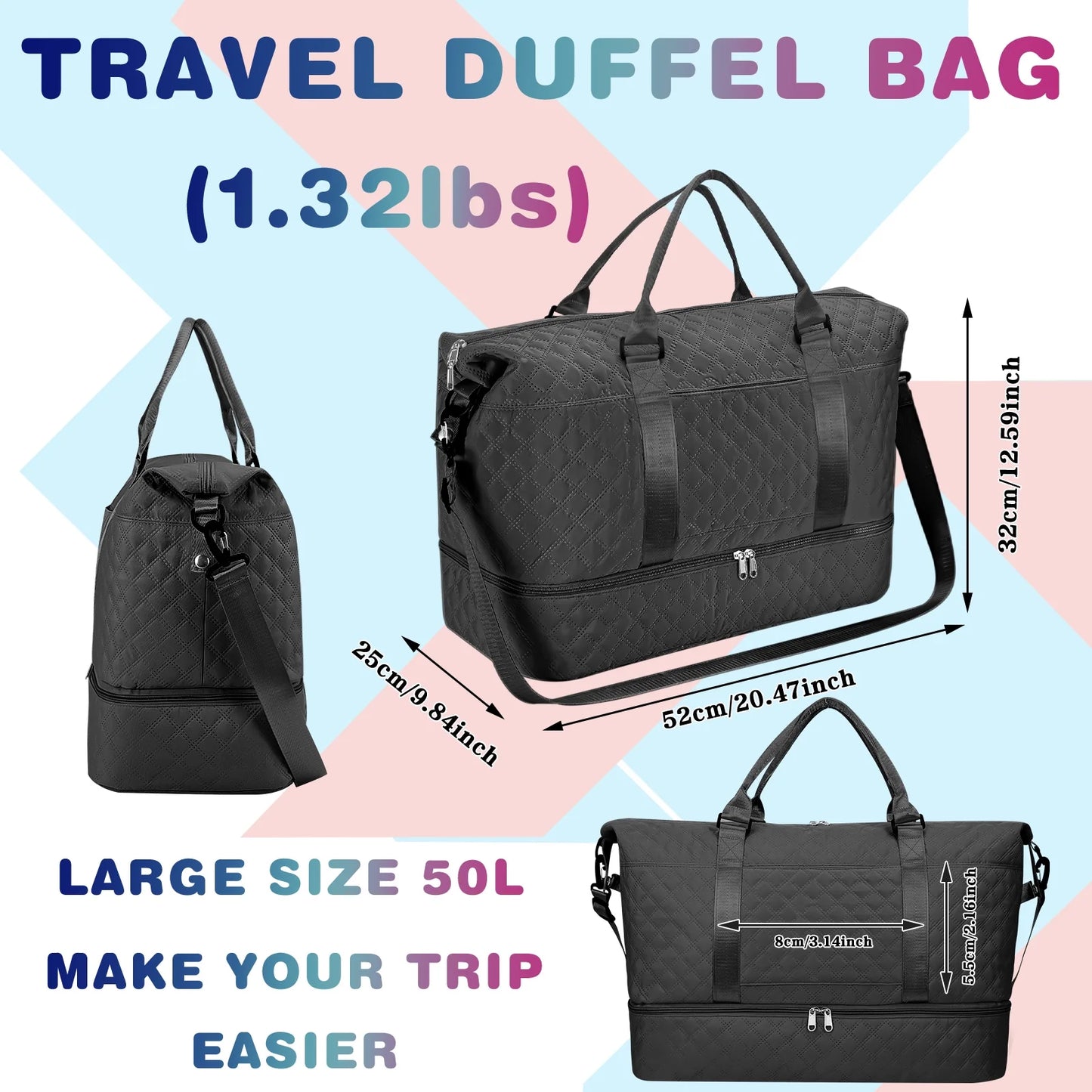 3Pcs Travel Duffle Bag,Weekender Bags for Women Men,Carry on Duffel Bags for Airplanes,Overnight Bag with Toiletry Bag,Hospital Bag for Labor and Delivery,Yoga Gym Bag with Wet Pocket