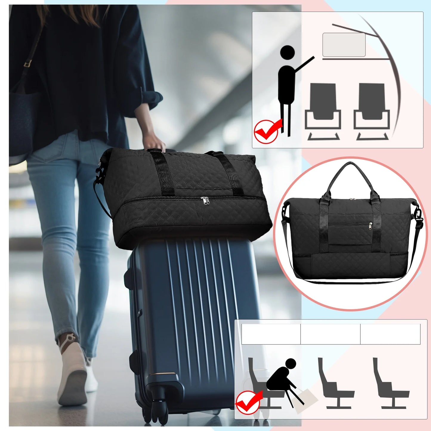 3Pcs Travel Duffle Bag,Weekender Bags for Women Men,Carry on Duffel Bags for Airplanes,Overnight Bag with Toiletry Bag,Hospital Bag for Labor and Delivery,Yoga Gym Bag with Wet Pocket