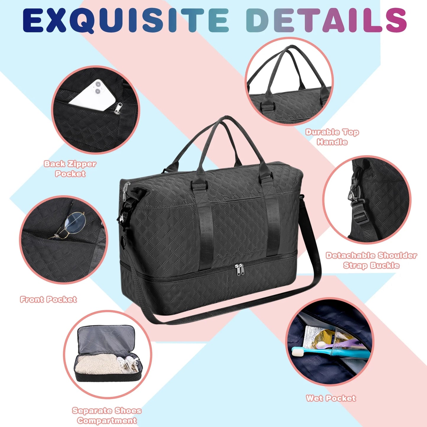 3Pcs Travel Duffle Bag,Weekender Bags for Women Men,Carry on Duffel Bags for Airplanes,Overnight Bag with Toiletry Bag,Hospital Bag for Labor and Delivery,Yoga Gym Bag with Wet Pocket